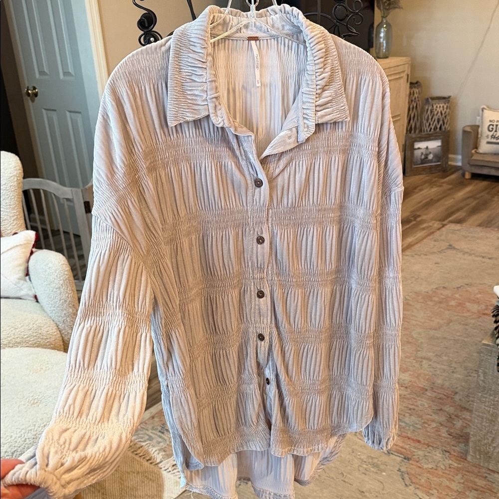 Free People Silver Button-Down Velvet Shirt
